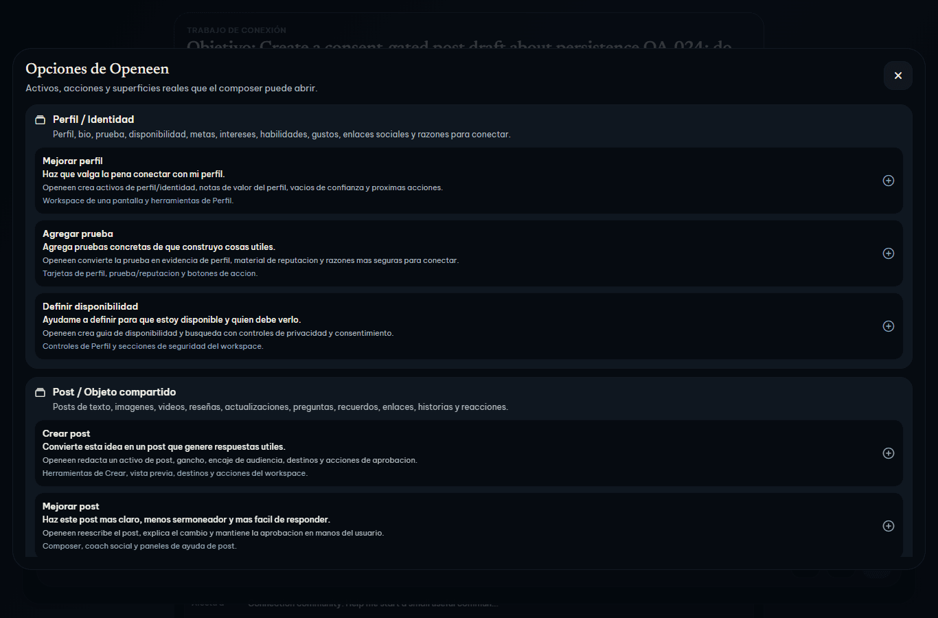 Openeen options menu showing asset and intent choices
